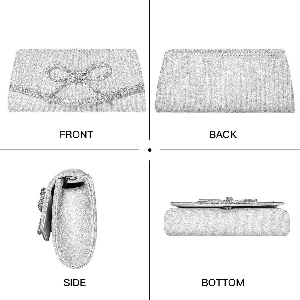 Women Evening Clutch Rhinestone Bow Black Envelope Handbag Crossbody